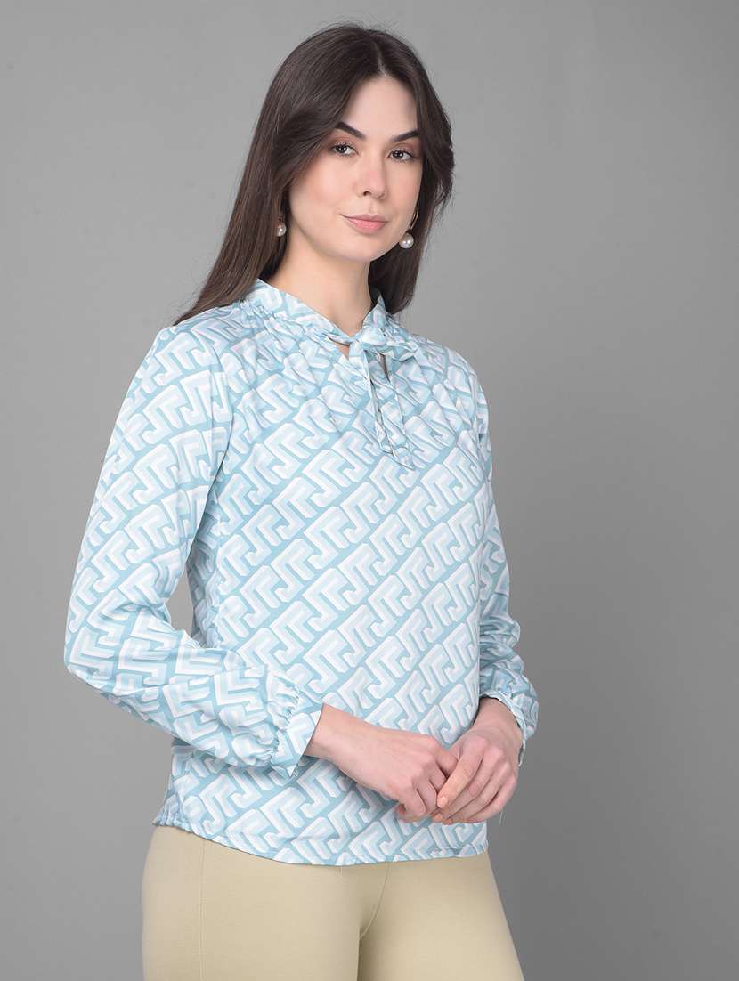 women printed tie up neck puff sleeves top - 20946333 - Standard Image - 2