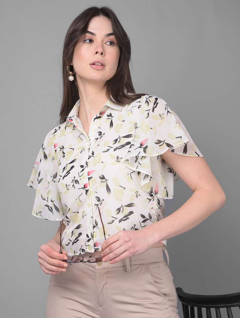 women collared printed flared sleeves top