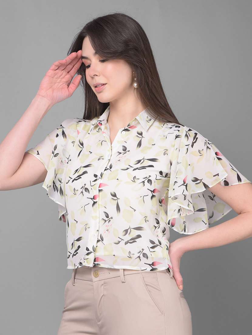 women collared printed flared sleeves top - 20946334 - Standard Image - 2