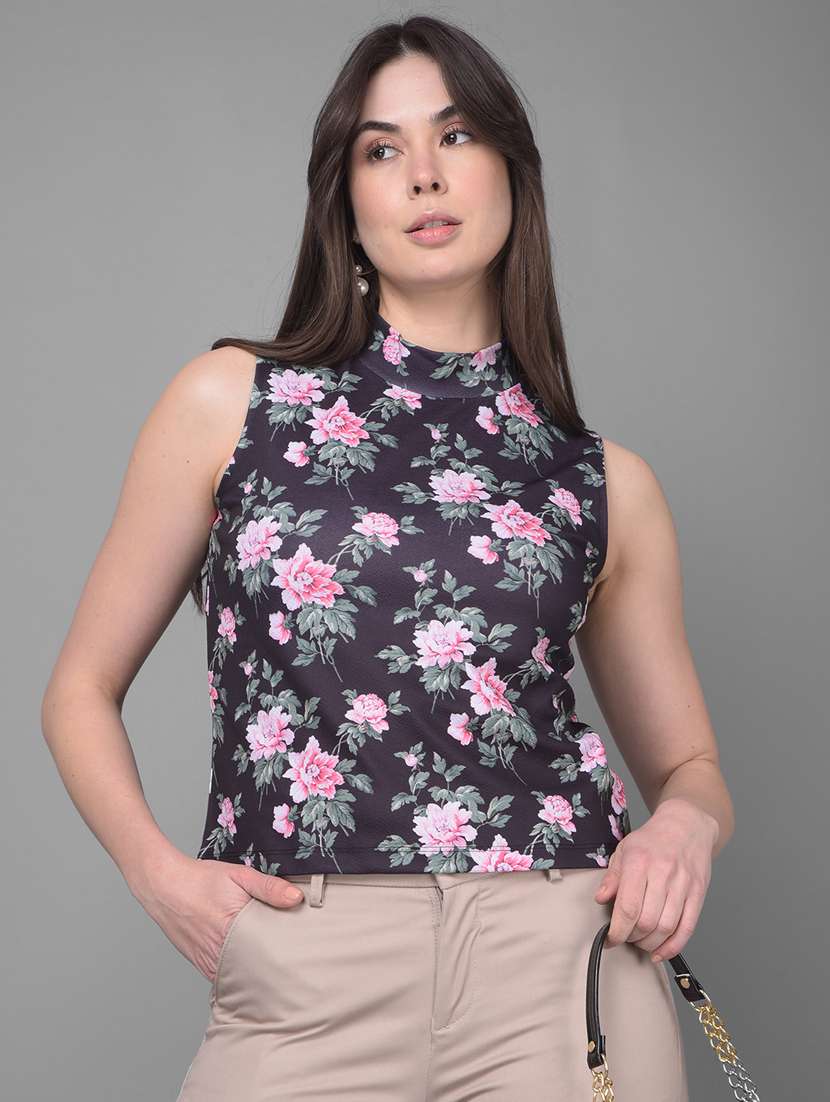 women floral print mock neck sleeveless top