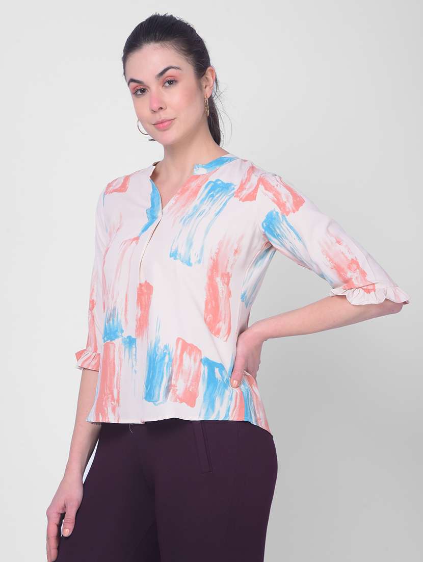 women printed mandarin neck top