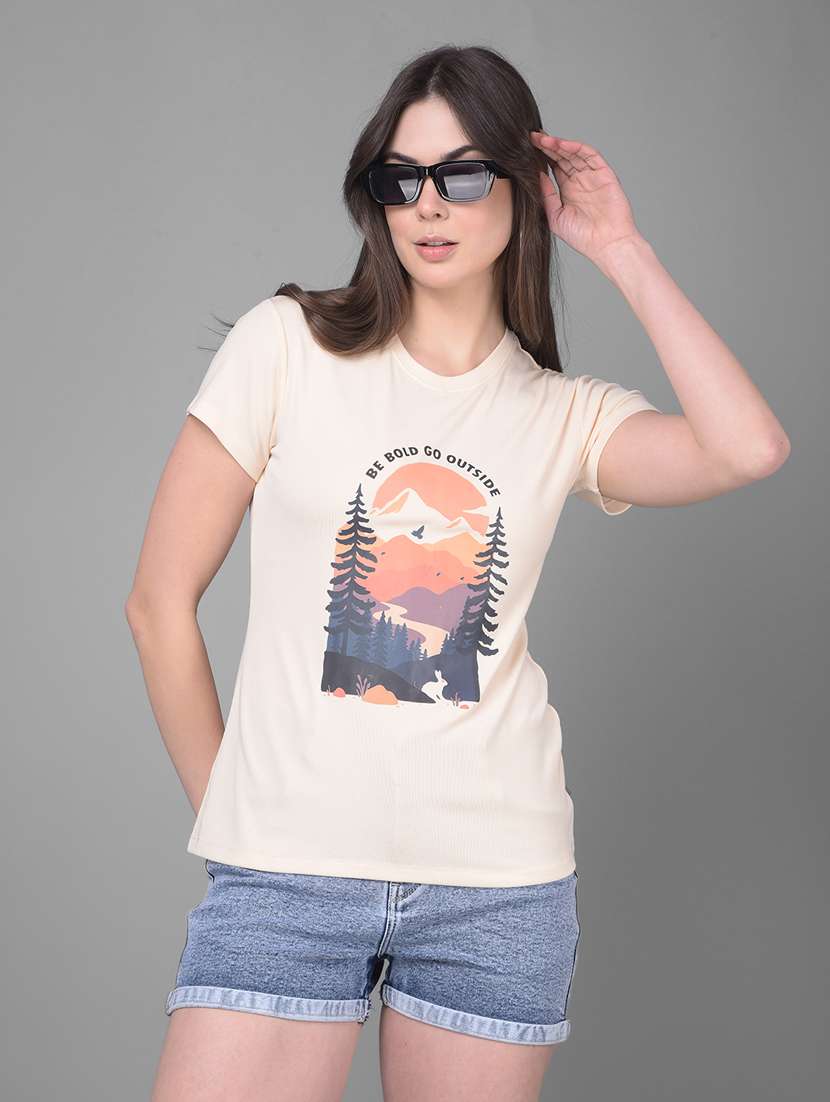 beige cotton front print t-shirt