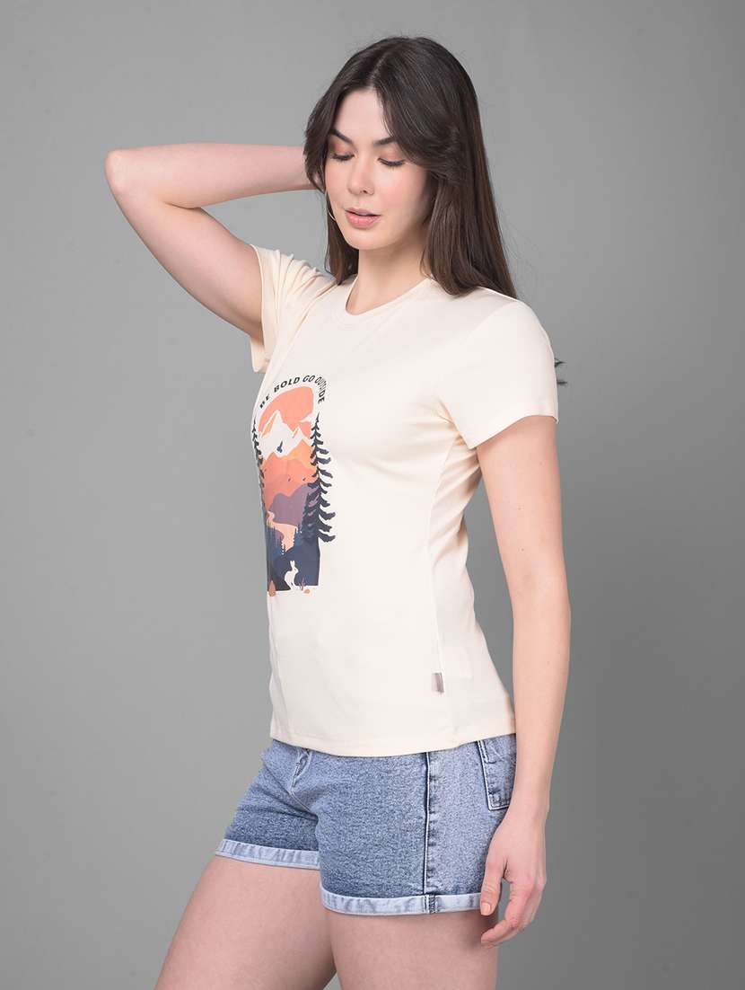 beige cotton front print t-shirt - 20946368 -  Standard Image - 2