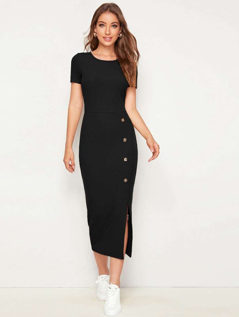 women round neck solid bodycon dress