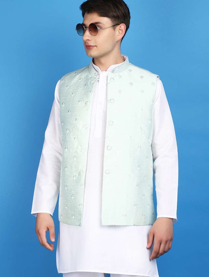 sea green polyester nehru jacket - 20946492 -  Standard Image - 2