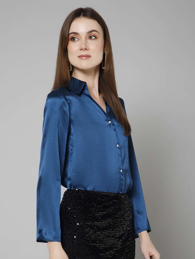 teal satin plain shirt - 20947207 - Standard Image - 2
