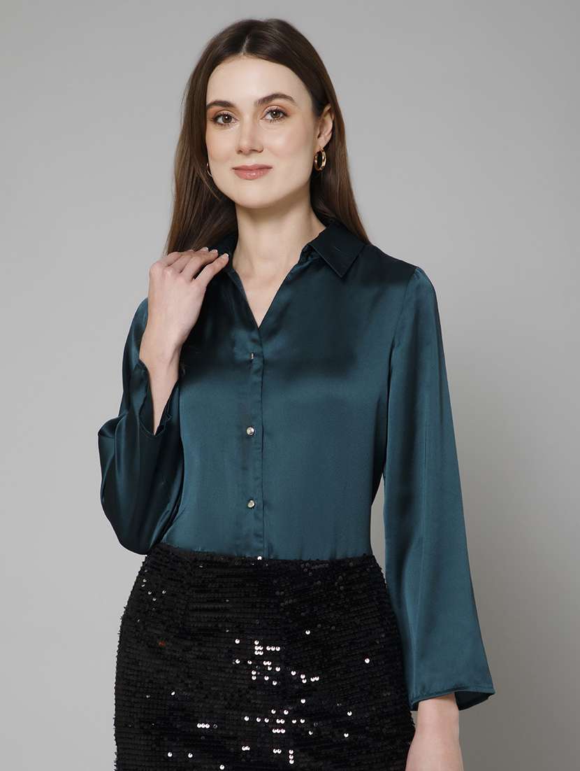 bottle green satin solid shirt