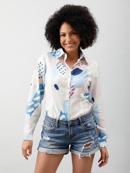 white linen printed shirt - 20947209 - Standard Image - 0