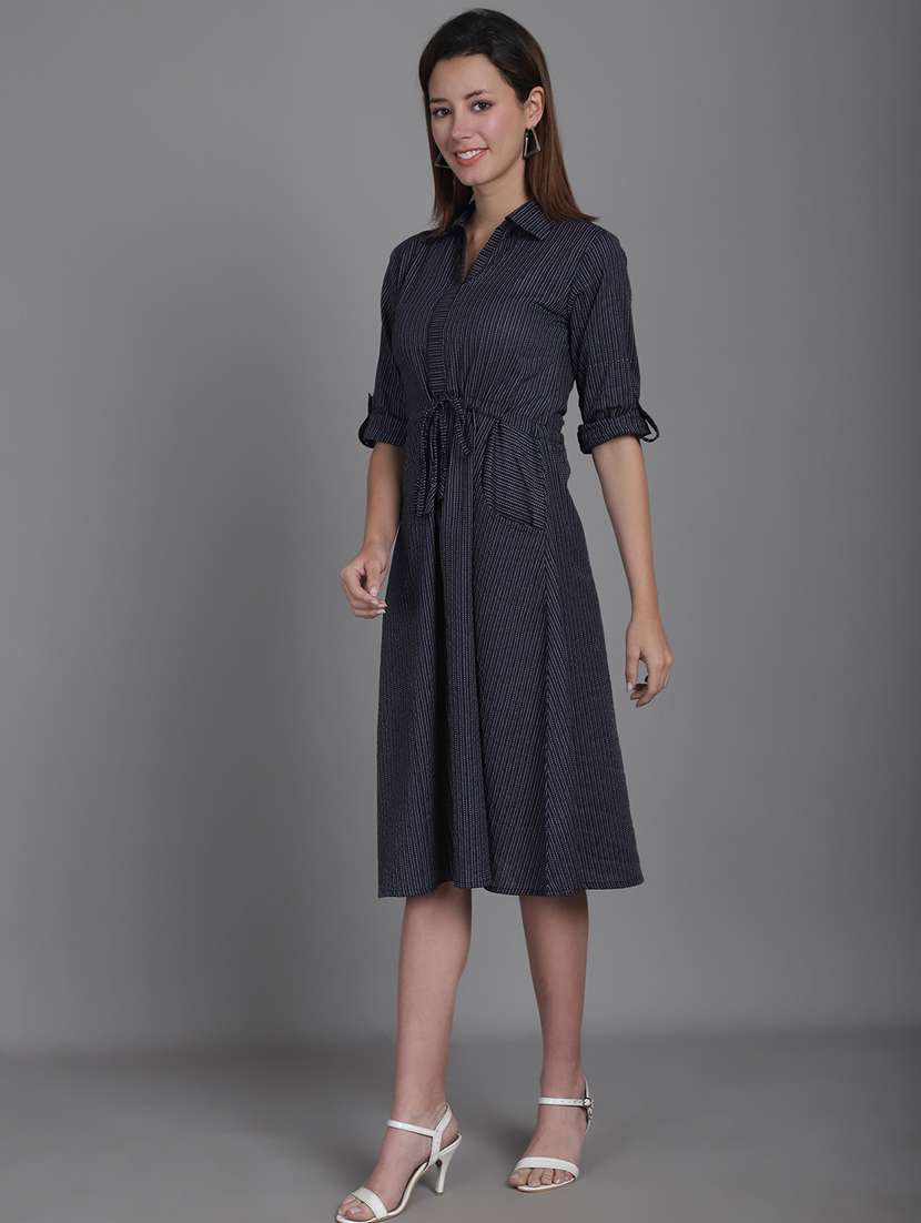 navy blue striped printed detailed midi dress - 20947292 -  Standard Image - 2