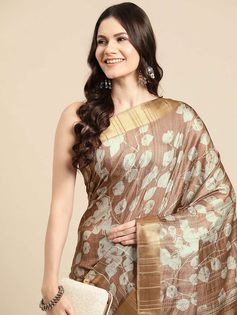 Brown Silk Printed Saree With Blouse - 20947836 -  Standard Image - 2