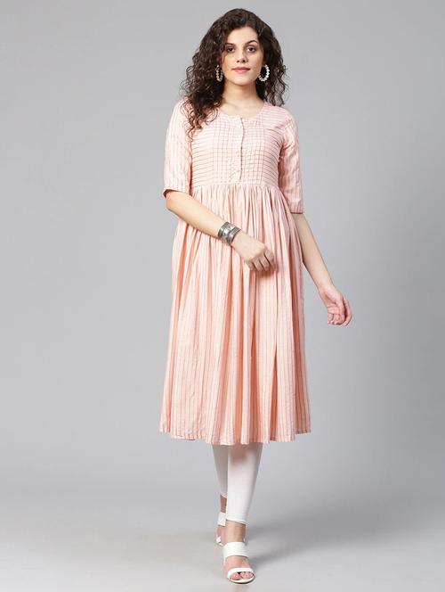 women pink stripes flared kurta - 20947963 -  Standard Image - 0