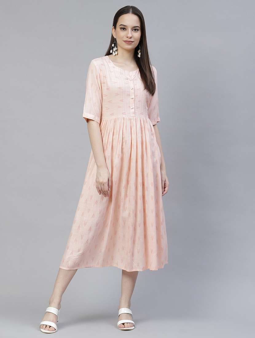 women peach mandarin neck flared ethnic dress