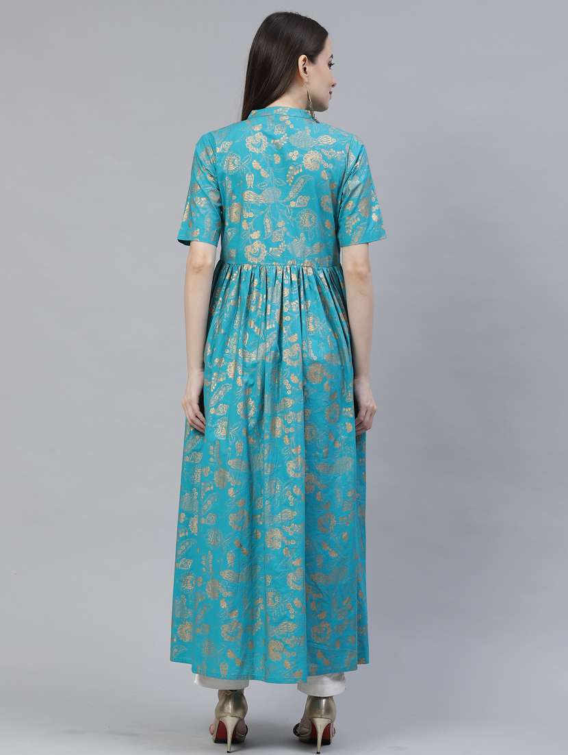 women blue mandarin neck flared kurta - 20947991 - Standard Image - 2