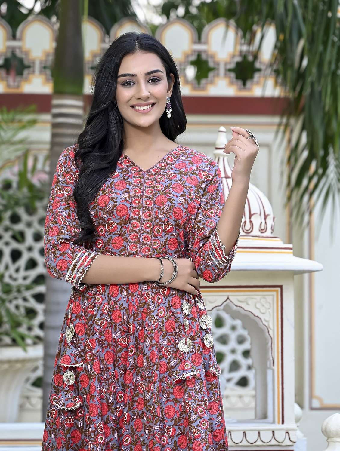 women grey florals printed flared dress - 20948158 -  Standard Image - 2