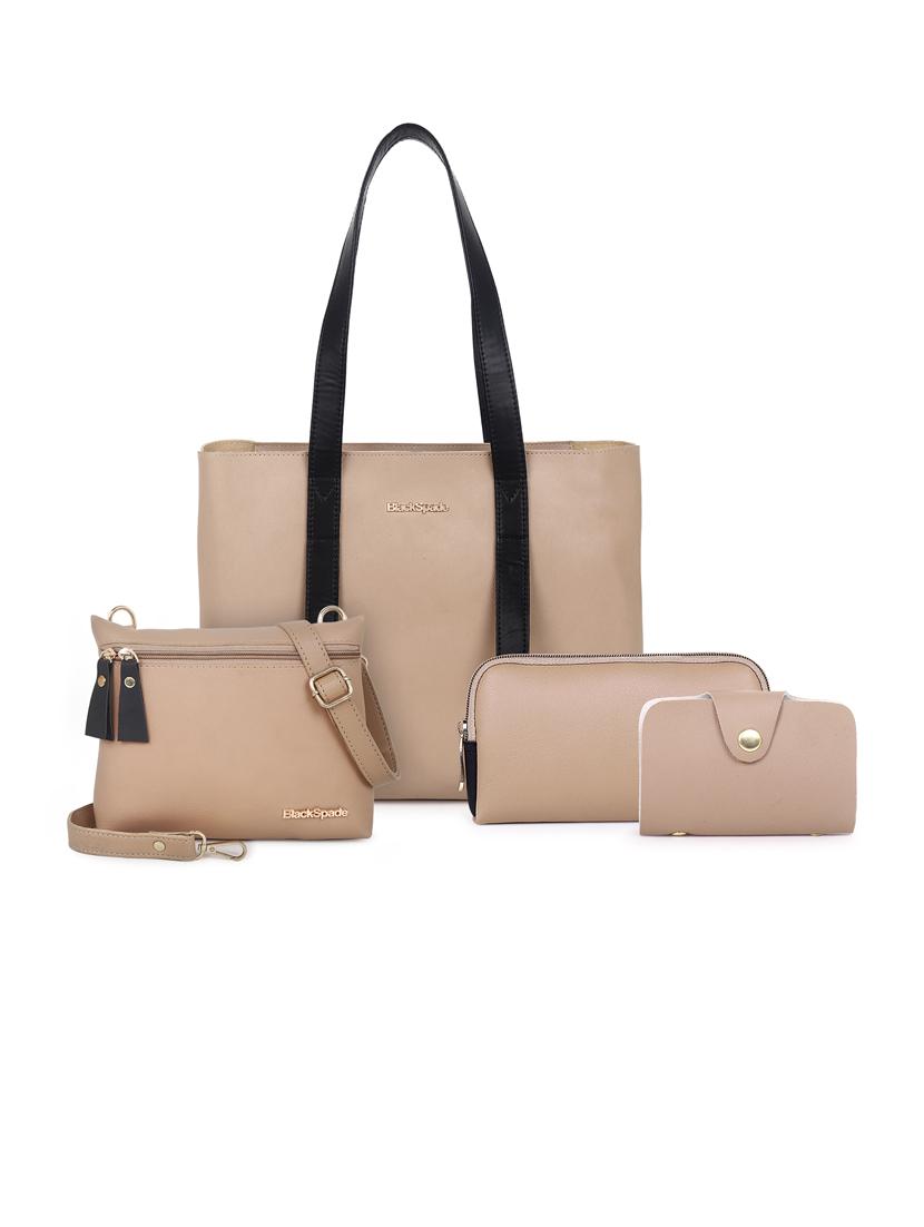 beige solid set of 3 leatherette (pu) regular tote - 20948276 - Zoom Image - 0
