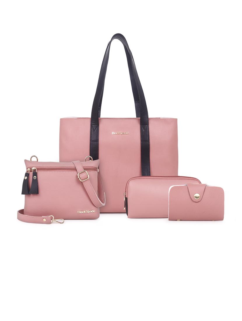 pink solid set of 3 leatherette (pu) regular tote - 20948281 -  Zoom Image - 0