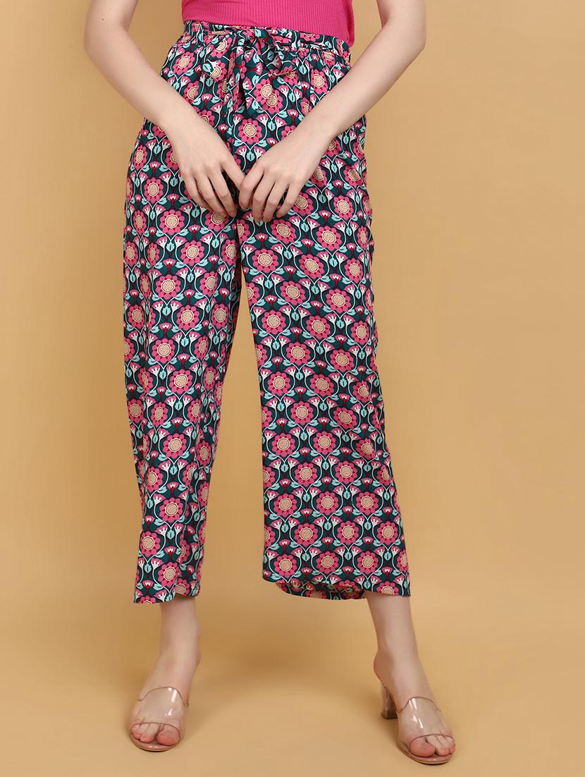 women printed flat front wide leg trouser