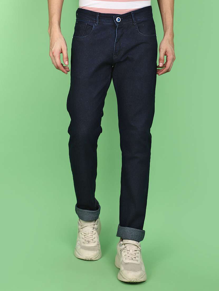 men solid navy blue slim fit jeans