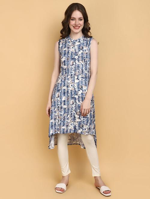 women blue mandarin neck high-low kurta - 20948767 -  Standard Image - 0