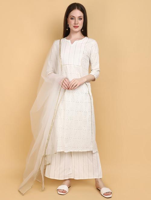 women off white three quarter sleeve kurta palazzo set - 20948774 - Standard Image - 0