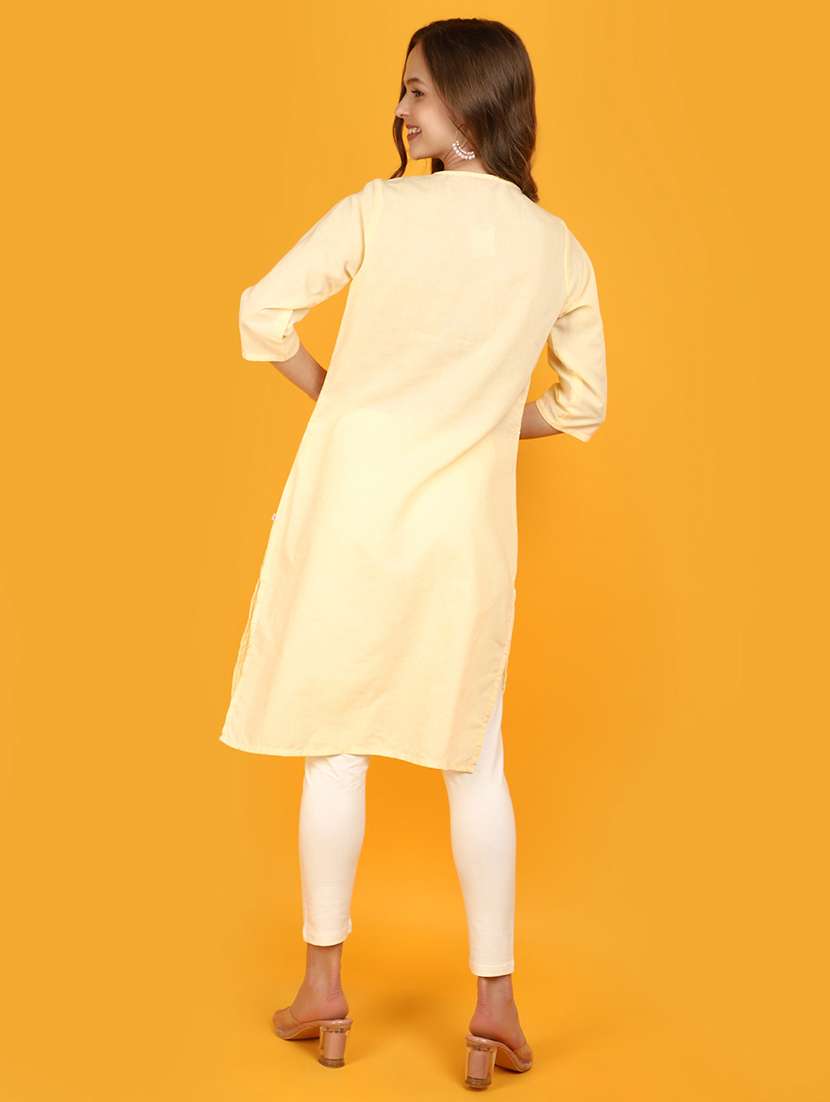 women yellow tie-up neck straight kurta - 20957387 -  Standard Image - 2