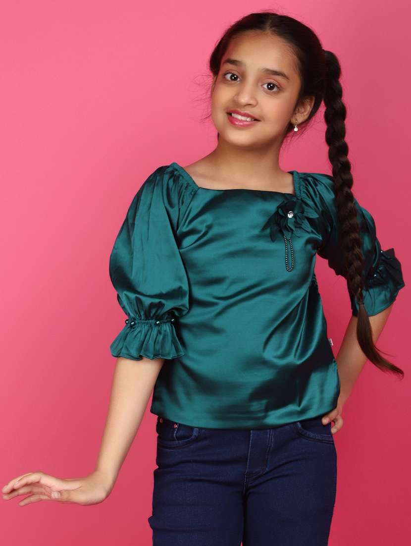 girls green solid regular top