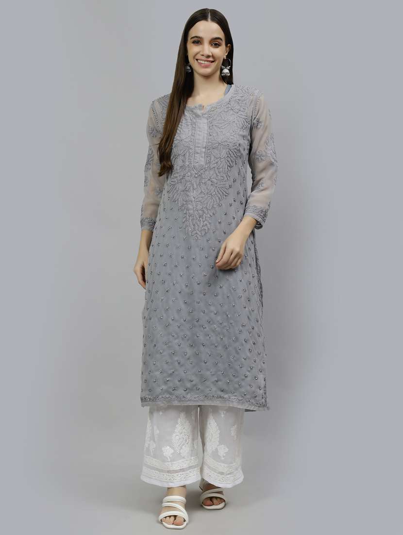 notch neck chikankari work straight kurta