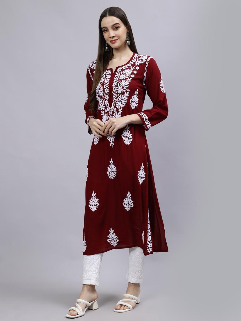 notch neck chikankari work straight kurta - 20957591 - Standard Image - 2