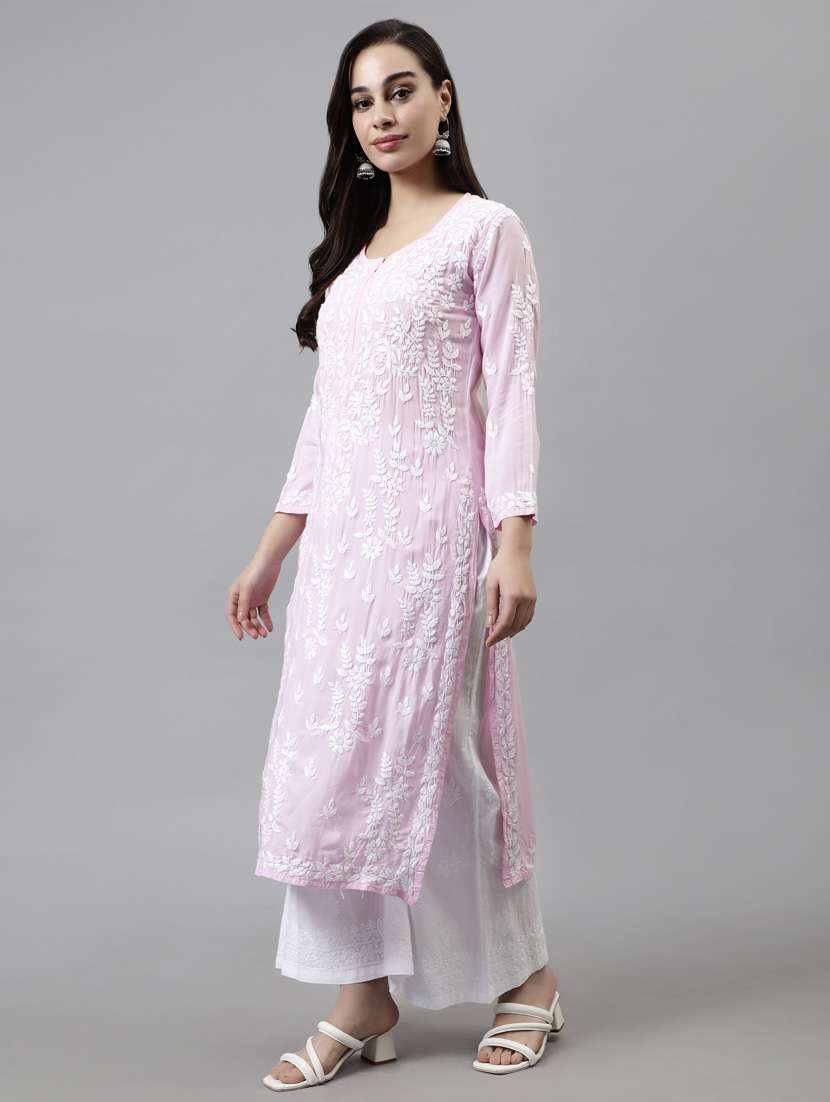 notch neck chikankari work straight kurta - 20957608 -  Standard Image - 2