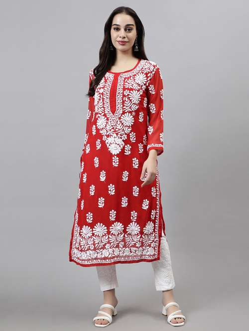 round neck chikankari work straight kurta - 20957627 -  Standard Image - 0
