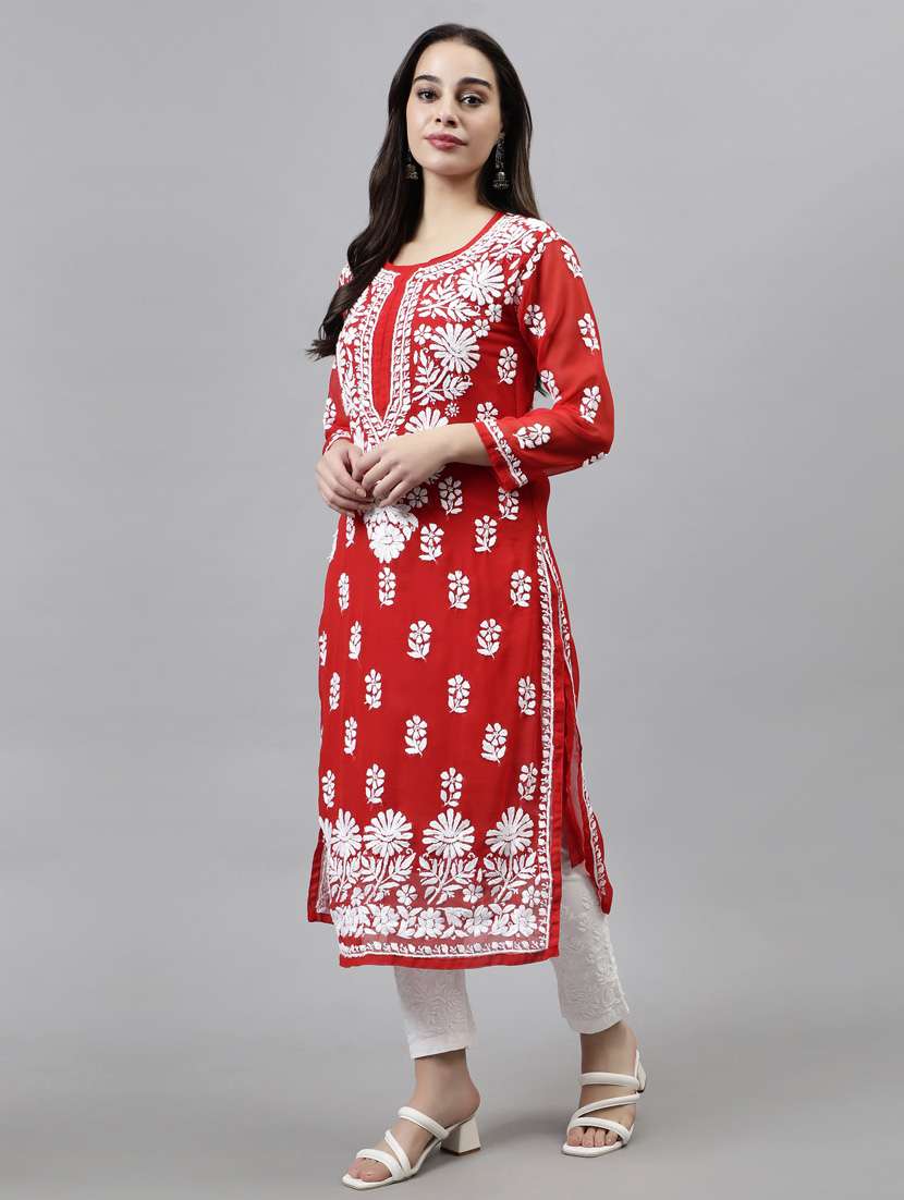 round neck chikankari work straight kurta - 20957627 - Standard Image - 2