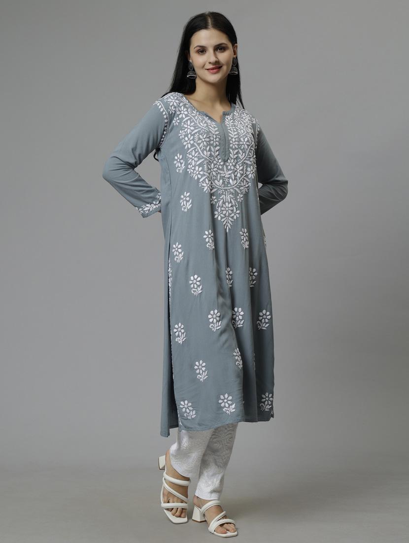 notch neck chikankari work straight kurta