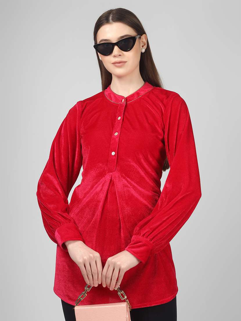 women manfdarin neck solid a-line tunic