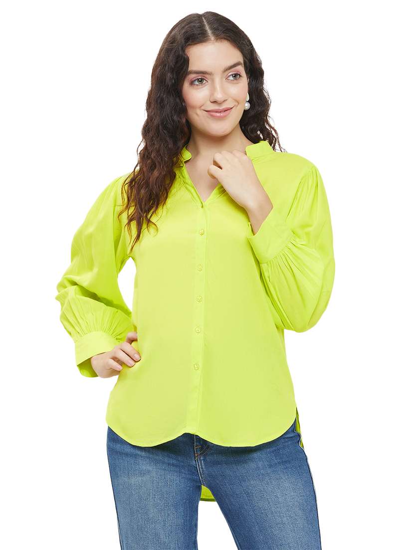 womne solid bishop sleeves high low shirt