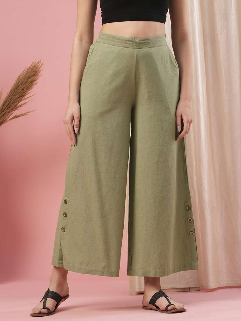 globus women olive mid-rise partially elasticated waist opaque wide leg palazzos