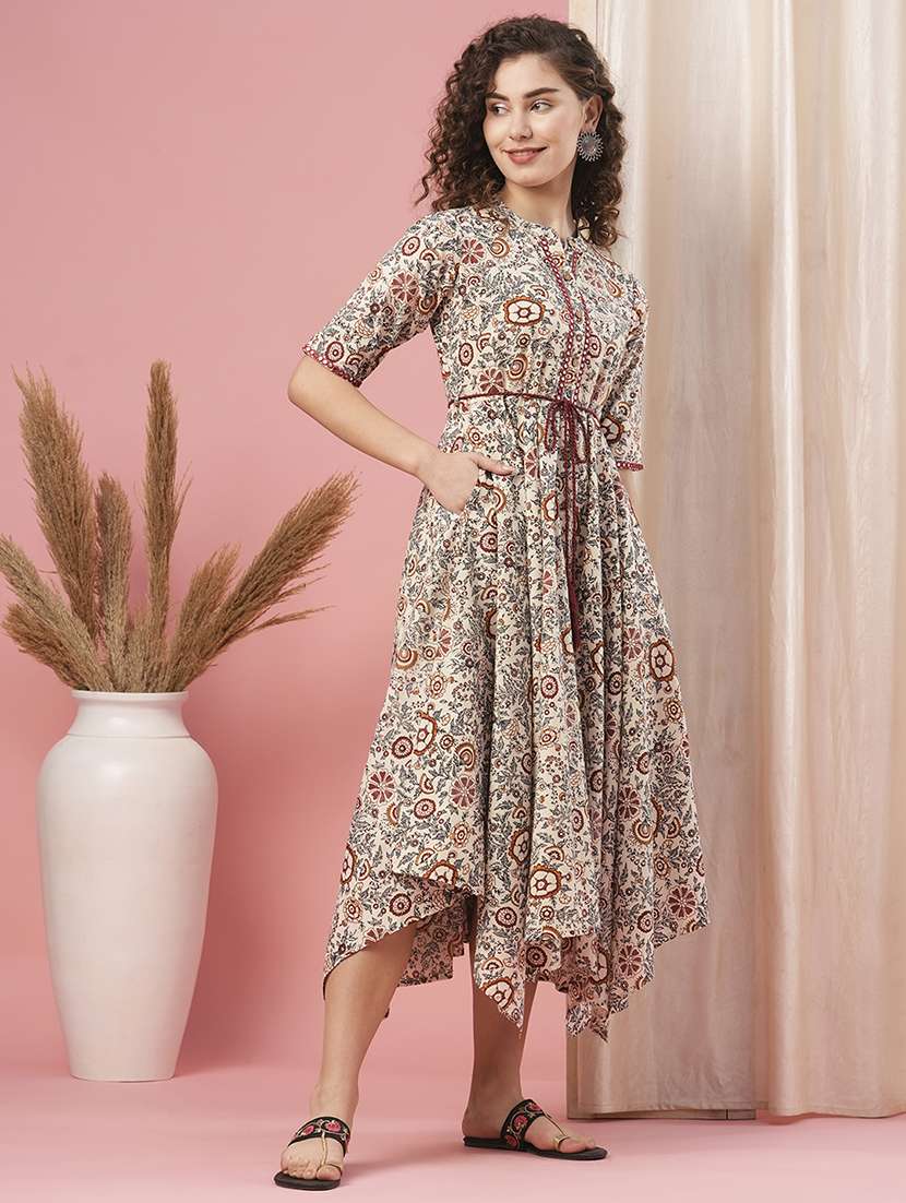 globus women off white allover floral print asymmetric hem waist tie-up tassel drawstring midi dress - 20958590 -  Standard Image - 2