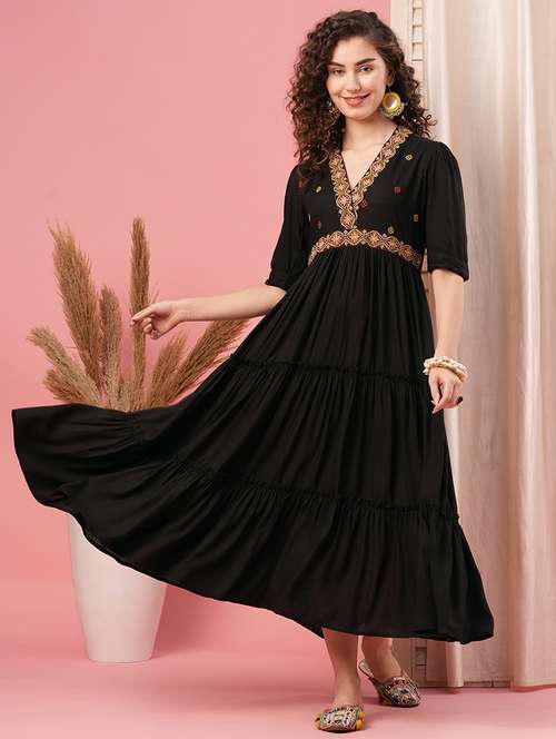 globus women black v-neck embroidered yoke tiered flared a-line dress - 20958591 -  Standard Image - 0