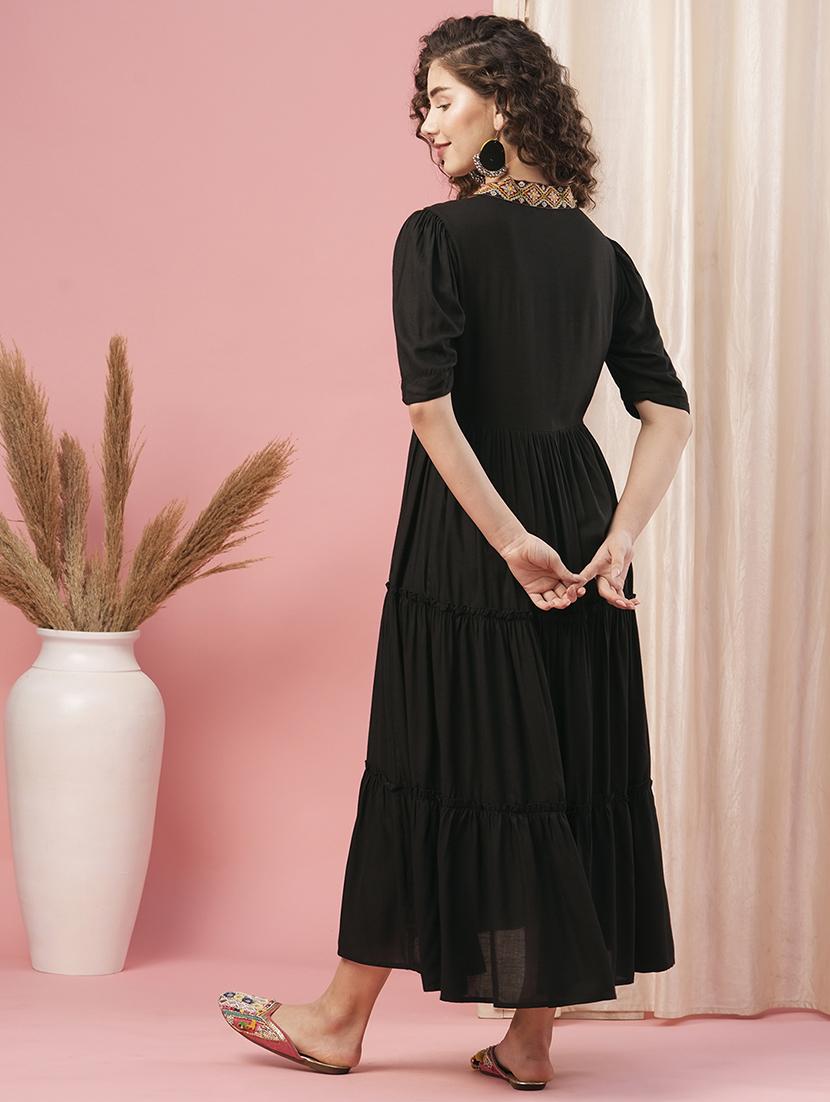 globus women black v-neck embroidered yoke tiered flared a-line dress - 20958591 - Standard Image - 2