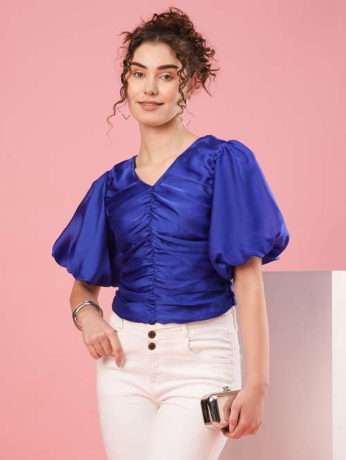 women solid puff sleeves ruched top - 20958608 -  Standard Image - 0