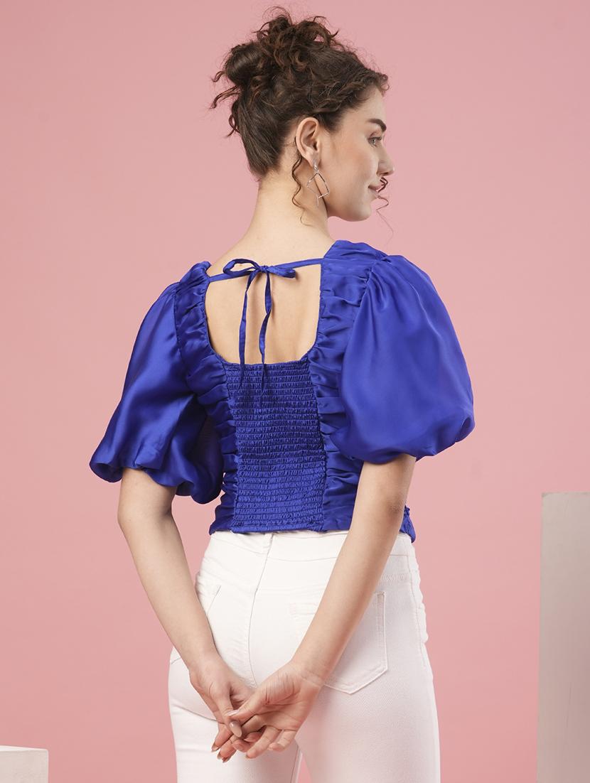 women solid puff sleeves ruched top - 20958608 - Standard Image - 2