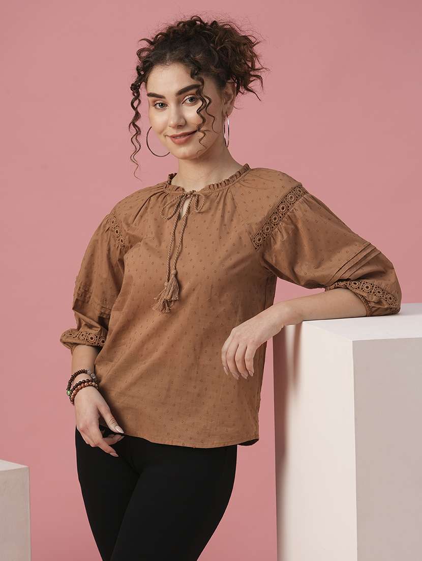 globus women peach tie-up neck raglan sleeve casual top
