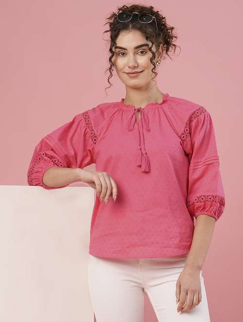 globus women pink tie-up neck raglan sleeve casual top - 20958612 - Standard Image - 0