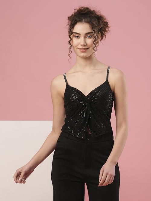 globus women black strappy shoulder sweetheart neck sequinned party top - 20958625 - Standard Image - 0