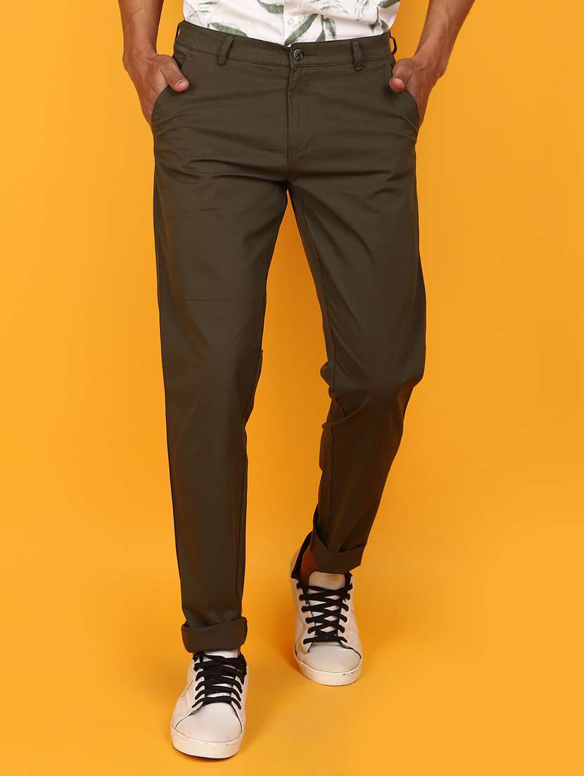 men solid full length chinos 