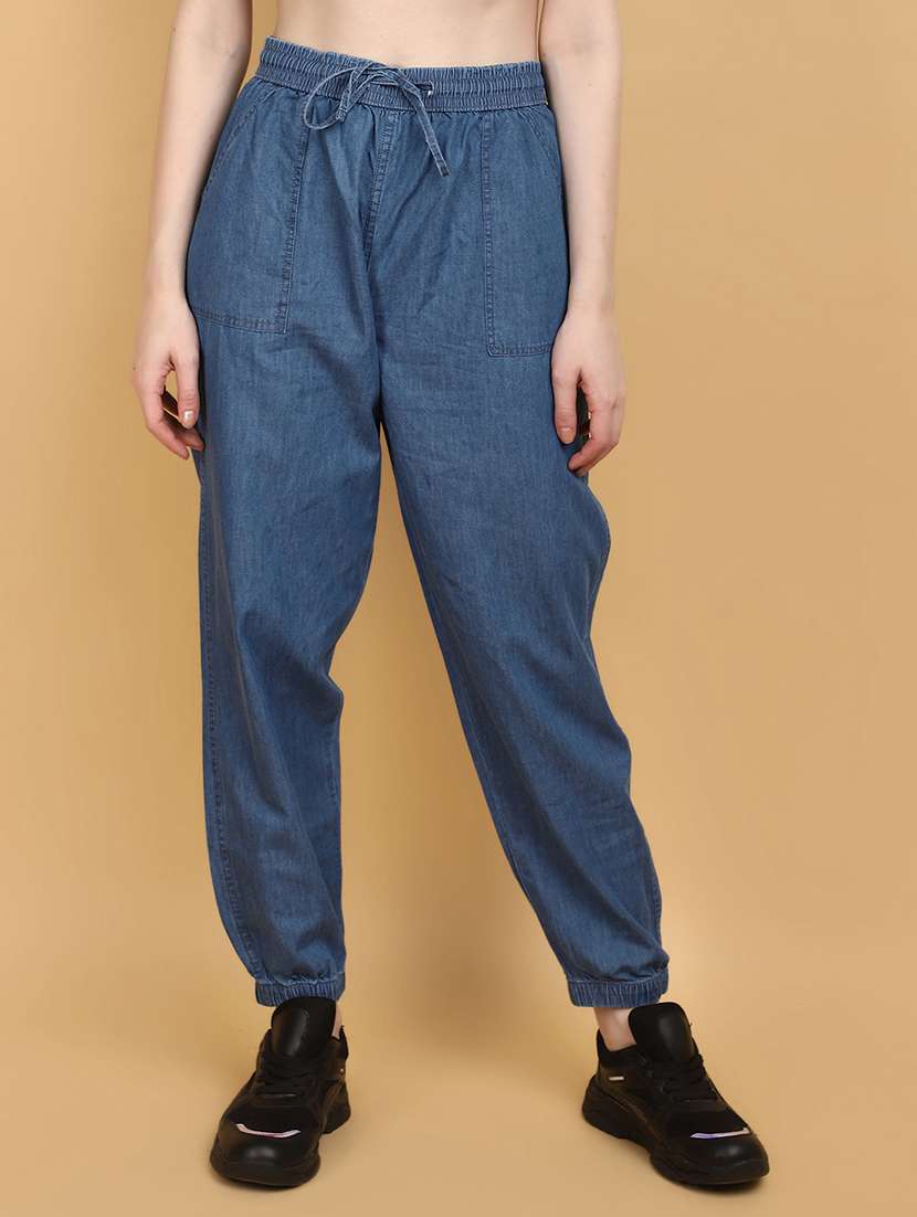 women solid blue jogger 