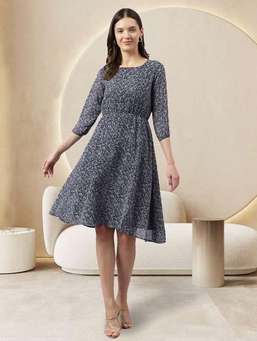 women navy blue printed fit & flare dress - 20960322 -  Standard Image - 0