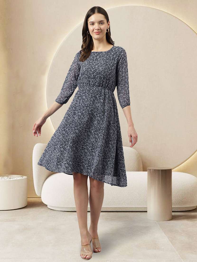 women navy blue printed fit & flare dress