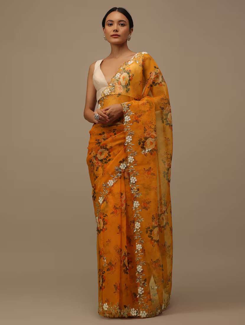 women yellow floral printed saree