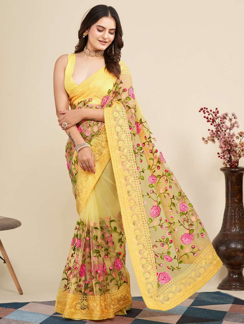 yellow net embroidered saree with blouse
