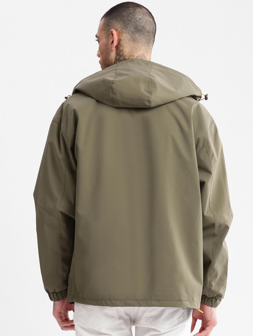 solid olive green detailed casual hooded jacket - 20960557 - Standard Image - 2